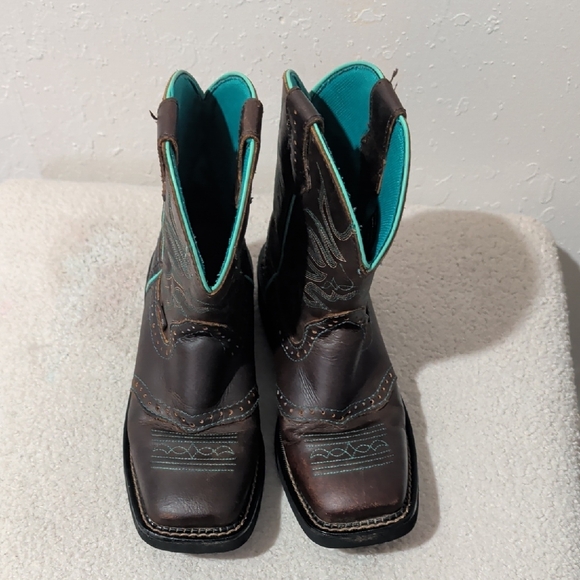 Justin Kids Leather Western Boots Brown Turquoise Stitching Size 6B - Picture 3 of 7